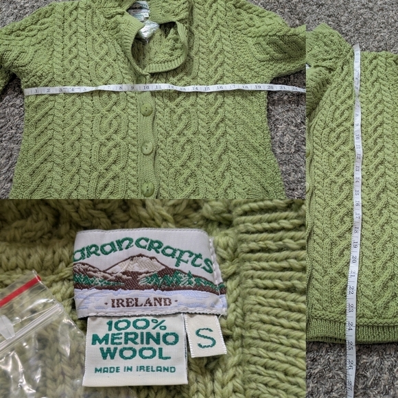 Aran Crafts green 100% merino wool cable knit button up cardigan sweater S - Picture 8 of 8